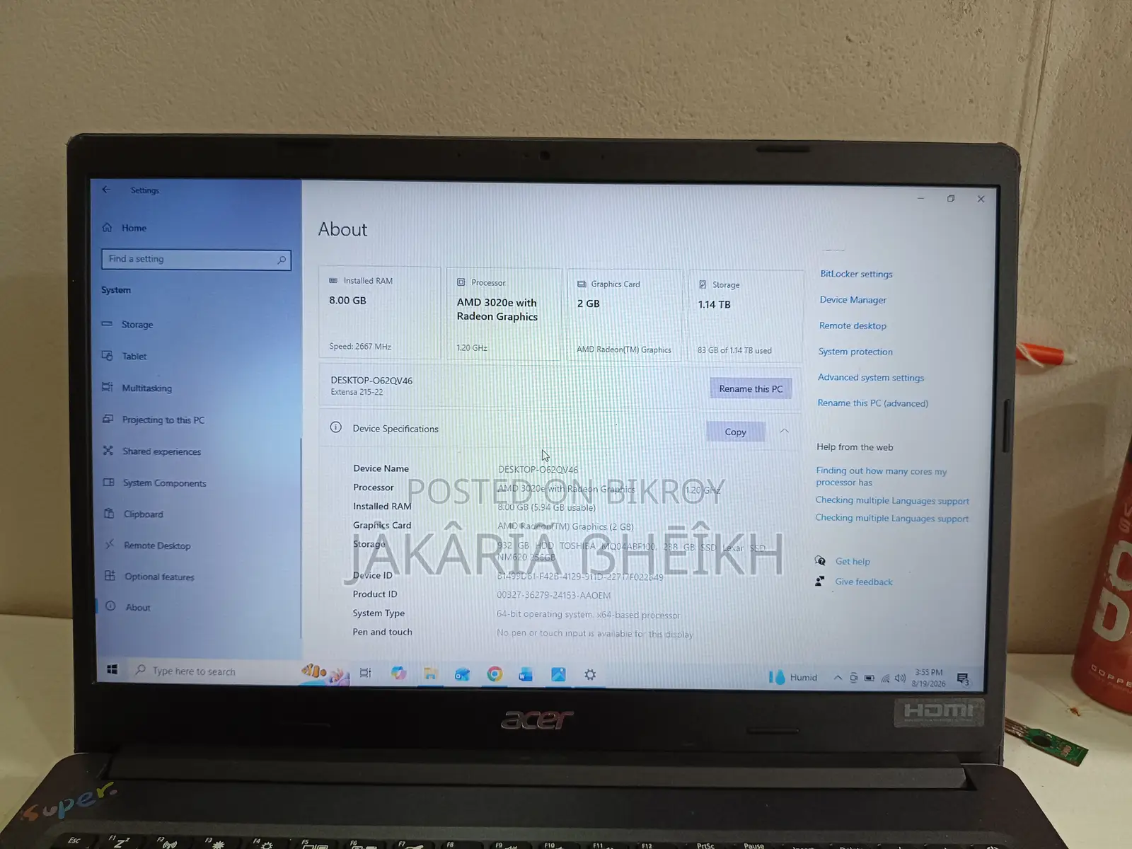 ল্যাপটপ Acer Extensa 15 8GB AMD HDD+SSD 1.5T