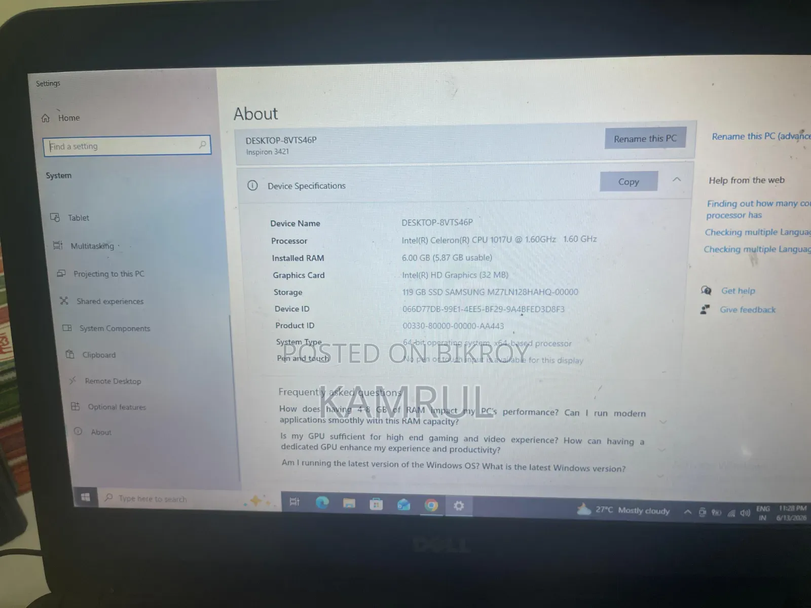 Laptop Dell 6GB Intel Celeron SSD 128GB
