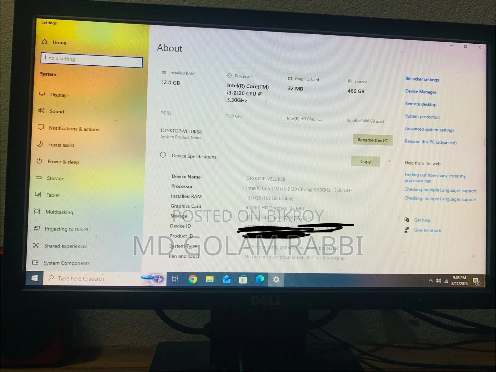 Desktop Computer Asus 12GB Intel Core i3 HDD 512GB