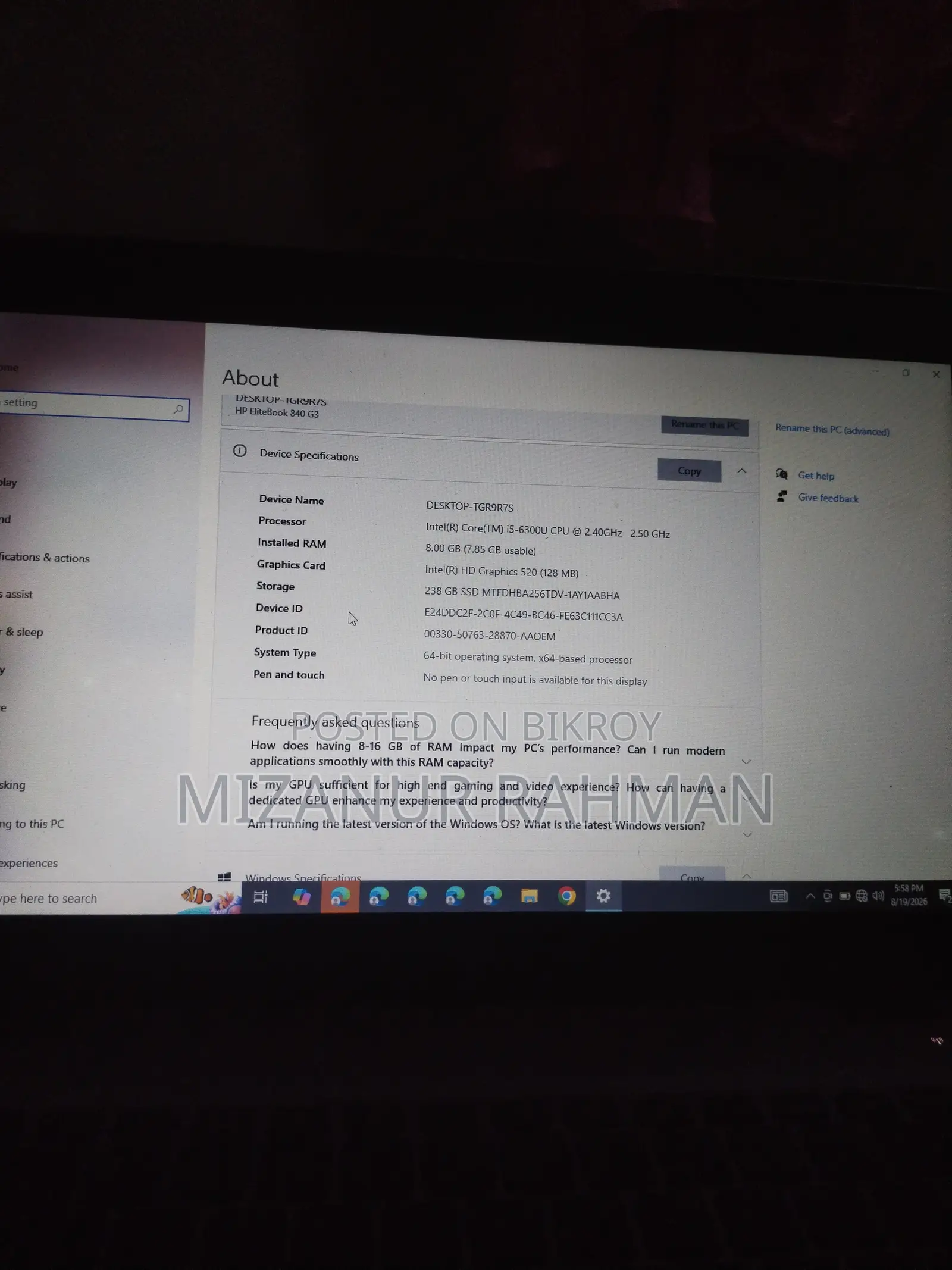 Laptop HP EliteBook 840 G3 8GB Intel Core I5 SSD 256GB