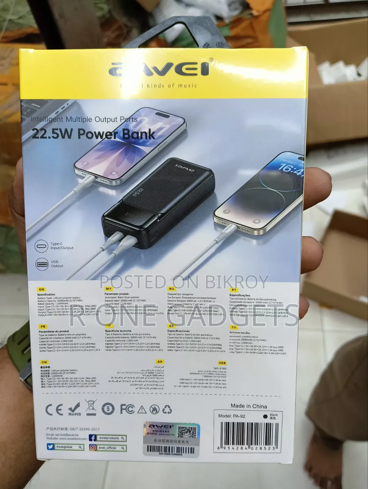 AWEI PA‐90 20000mAh 22.5W Fast Charging Digital Display Power Bank