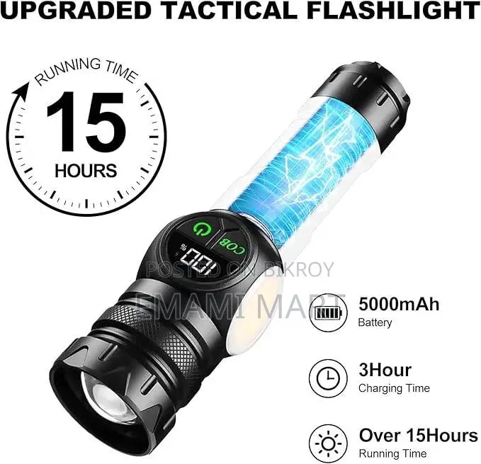 3 in 1 Rechargeable Flashlight True 5000 Lumens Outdoor Strong Cob Lig