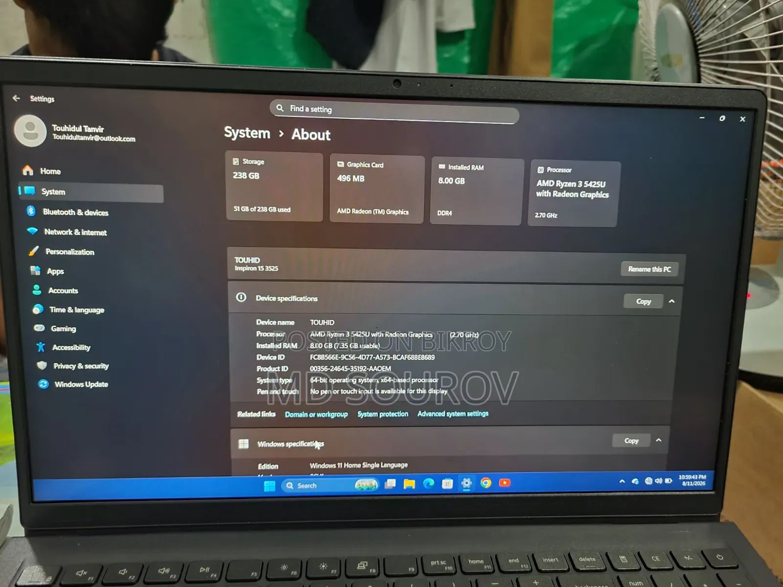 Laptop Dell Inspiron 15 8GB AMD Ryzen 3 SSD 256GB