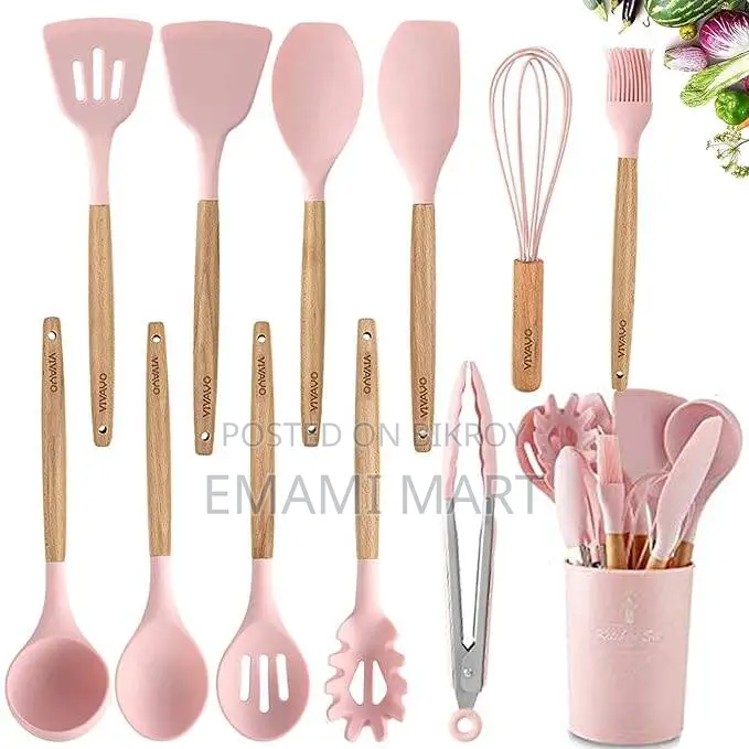 12 Pieces Silicone Kitchen Utensil Wooden Handles Silicone Cooking Ute
