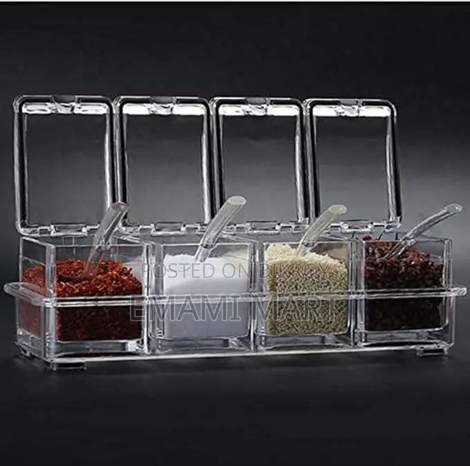 4 Cells Transparent Spice Jar Set With Spoon And Lid Salt And Pepper S
