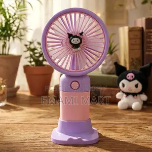 Mini Handheld Fan with Stable Stand, USB Rechargeable, Cute Kuromi Des