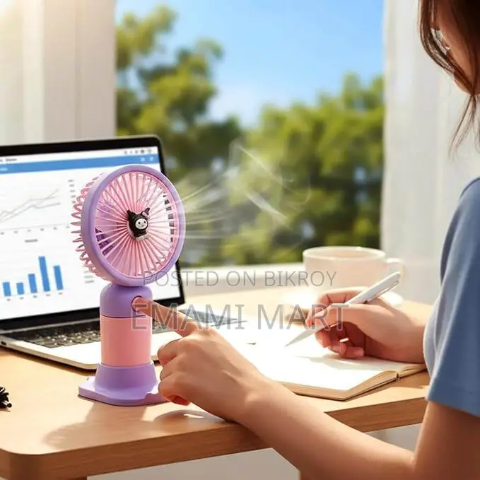Mini Handheld Fan with Stable Stand, USB Rechargeable, Cute Kuromi Des