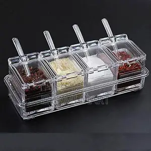 4 Cells Transparent Spice Jar Set With Spoon And Lid Salt And Pepper S