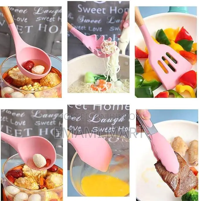 12 Pieces Silicone Kitchen Utensil Wooden Handles Silicone Cooking Ute