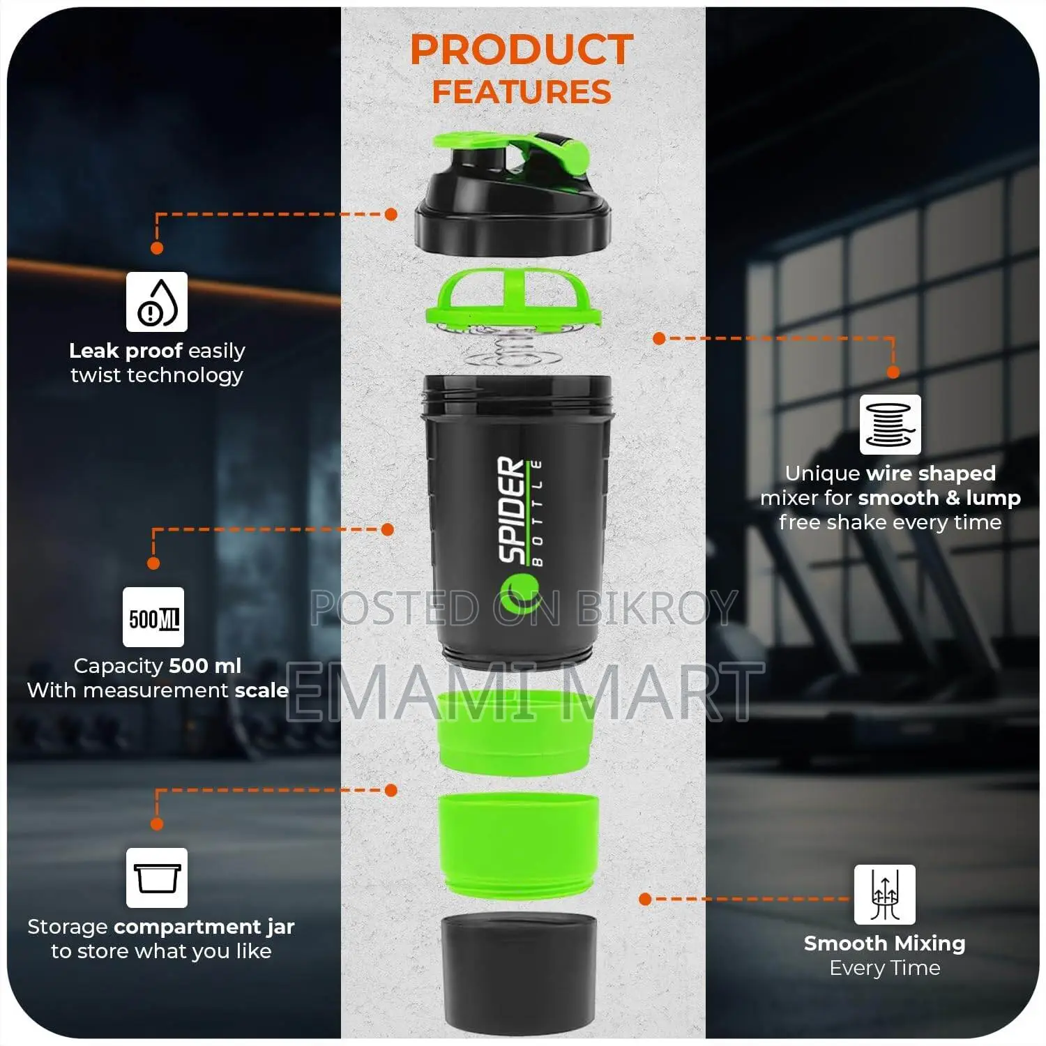 Protein Shaker Bottle 500ml With Extra Compartment - Gym Shaker Bottle