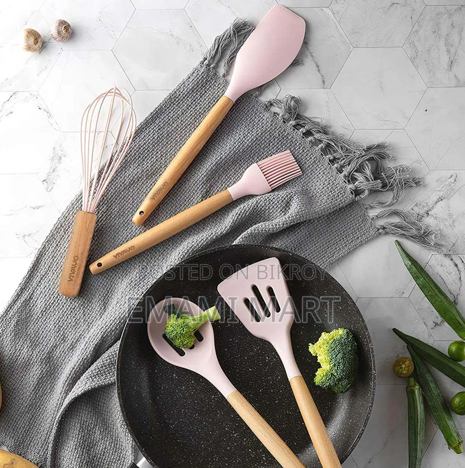 12 Pieces Silicone Kitchen Utensil Wooden Handles Silicone Cooking Ute