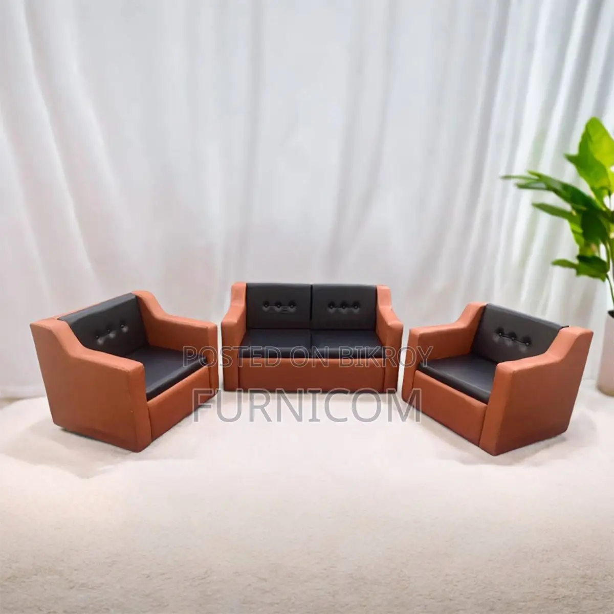 Button Tufted Living Room Sofa Set/ Faux Leather/ Mehogany Wood/ Orang