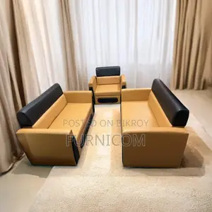 Living Room Sofa Set/ Faux Leather/ Mehogany Wood/ Orange Black