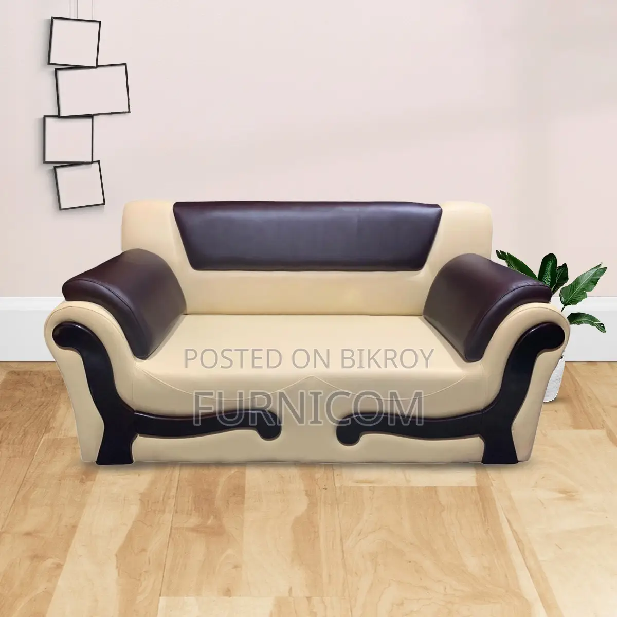 Furnicom Wooden Two Seater Leather Milk White Sofa for Home & Office