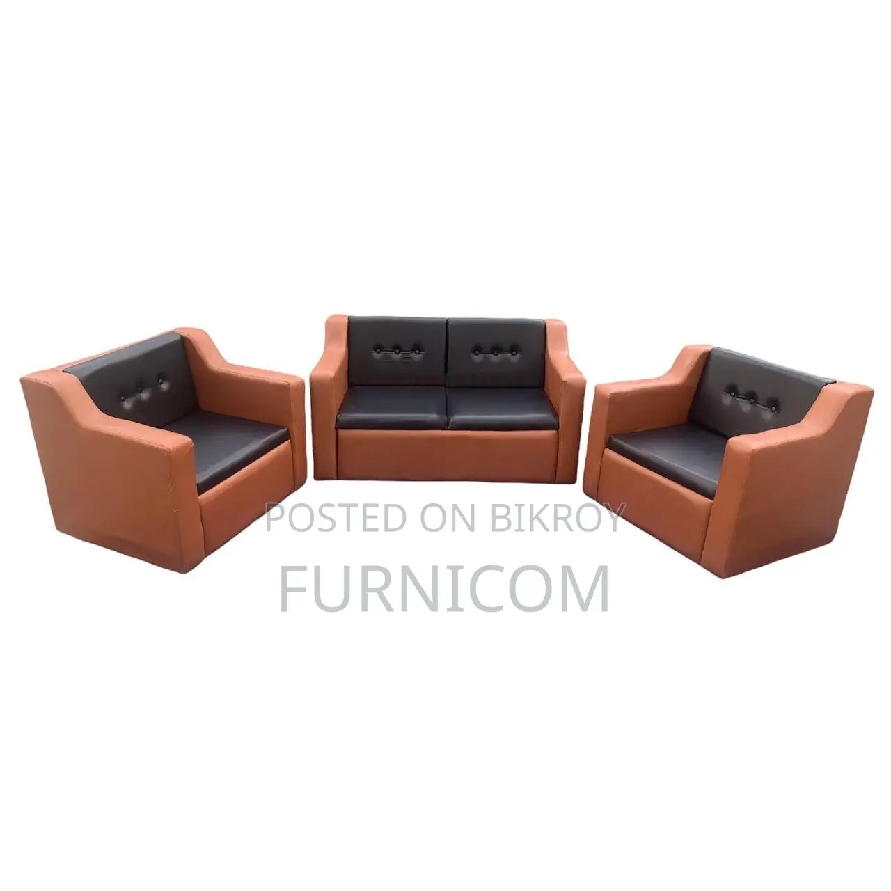 Button Tufted Living Room Sofa Set/ Faux Leather/ Mehogany Wood/ Orang
