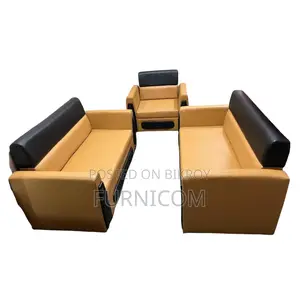 Living Room Sofa Set/ Faux Leather/ Mehogany Wood/ Orange Black