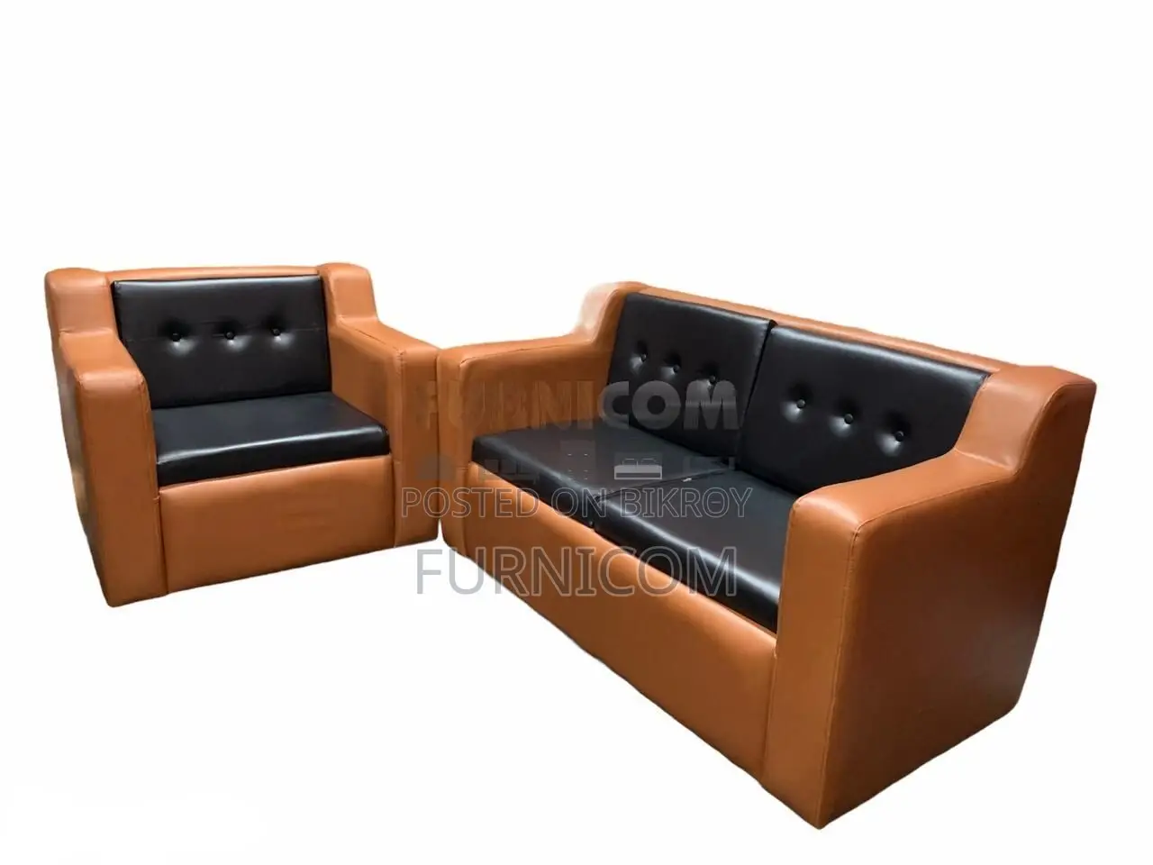 Button Tufted Living Room Sofa Set/ Faux Leather/ Mehogany Wood/ Orang