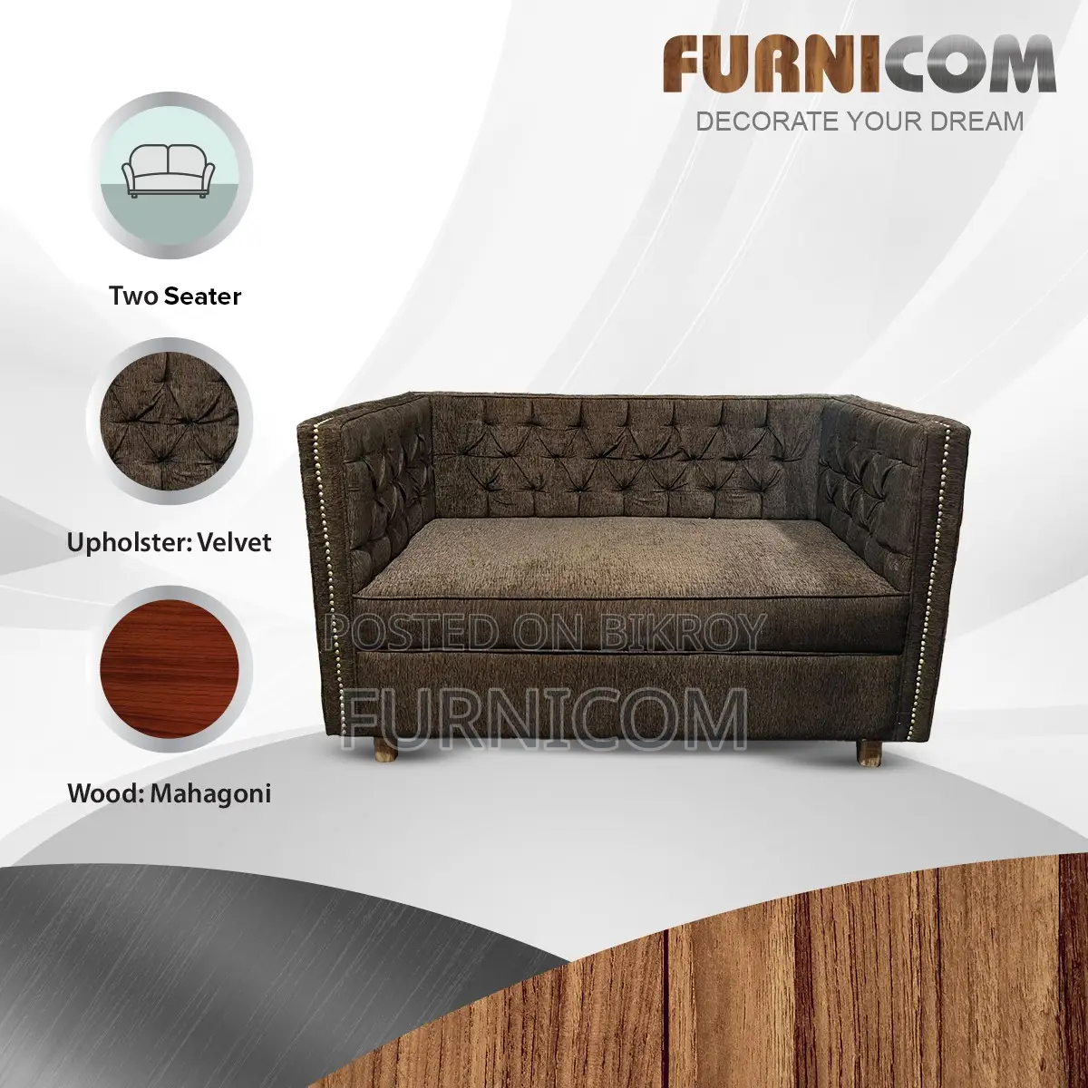 Chesterfield Two Seater Wooden Velvet Sofa