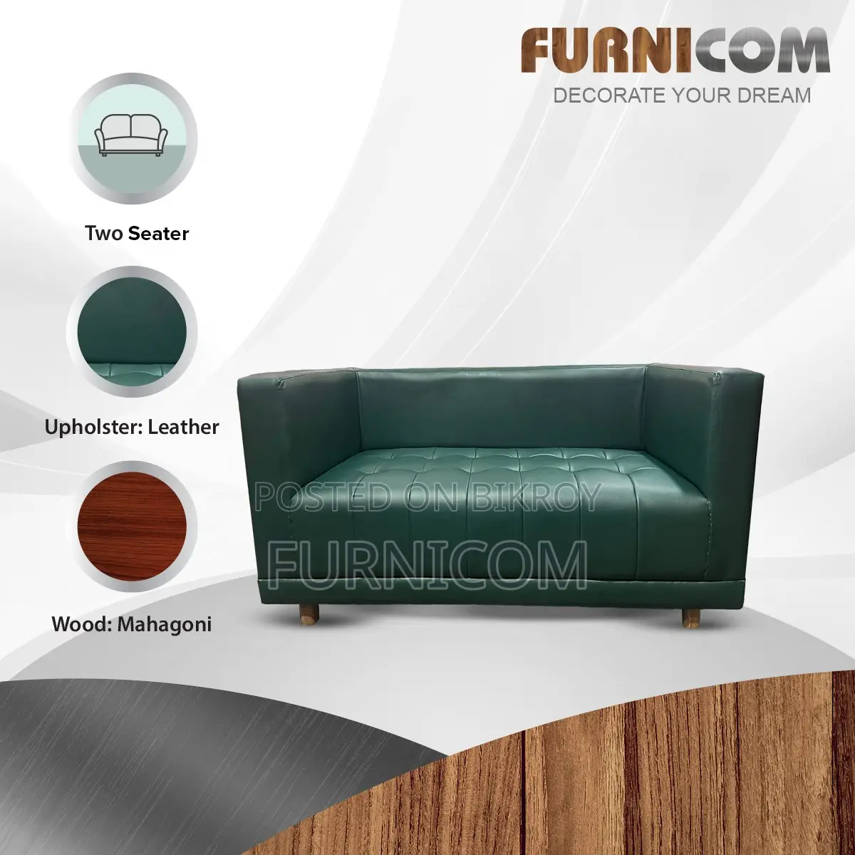Furnicom Wooden Two Seater Leather Deep Green Sofa for Home & Office