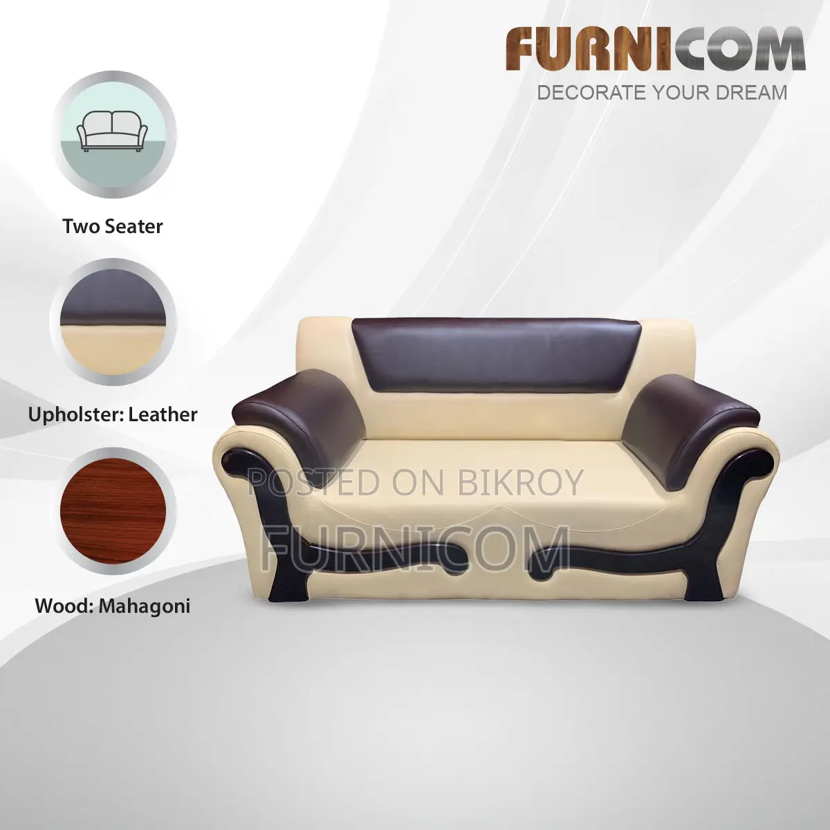Furnicom Wooden Two Seater Leather Milk White Sofa for Home & Office