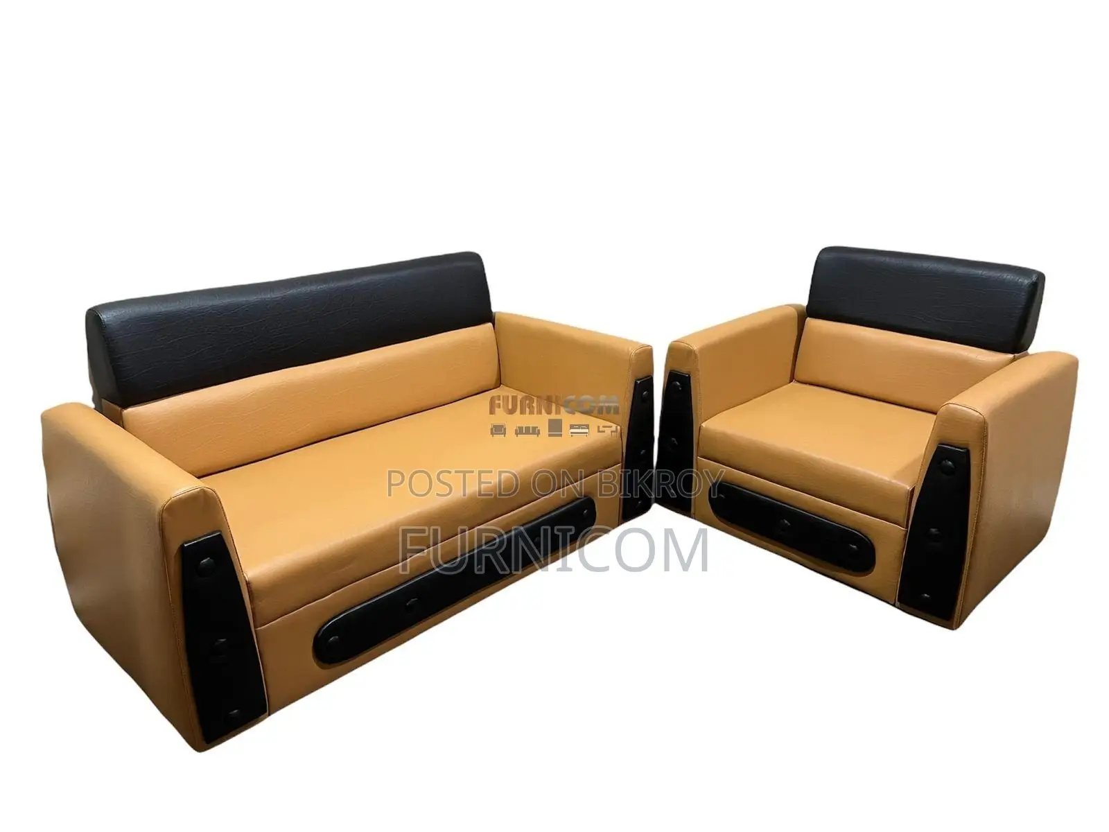 Living Room Sofa Set/ Faux Leather/ Mehogany Wood/ Orange Black