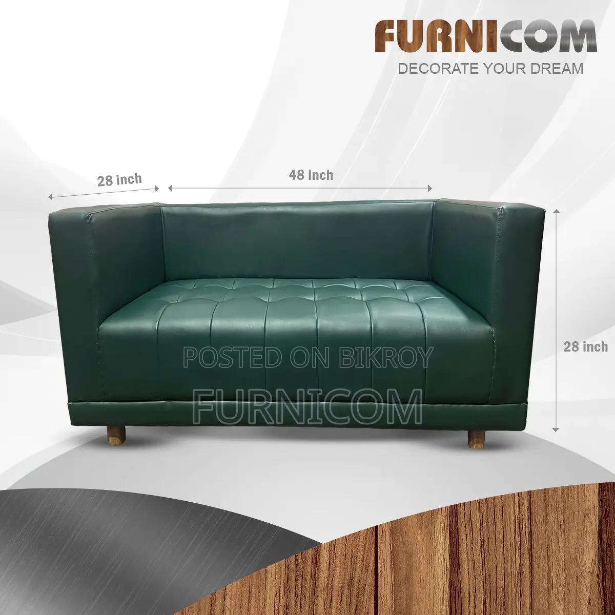 Furnicom Wooden Two Seater Leather Deep Green Sofa for Home & Office