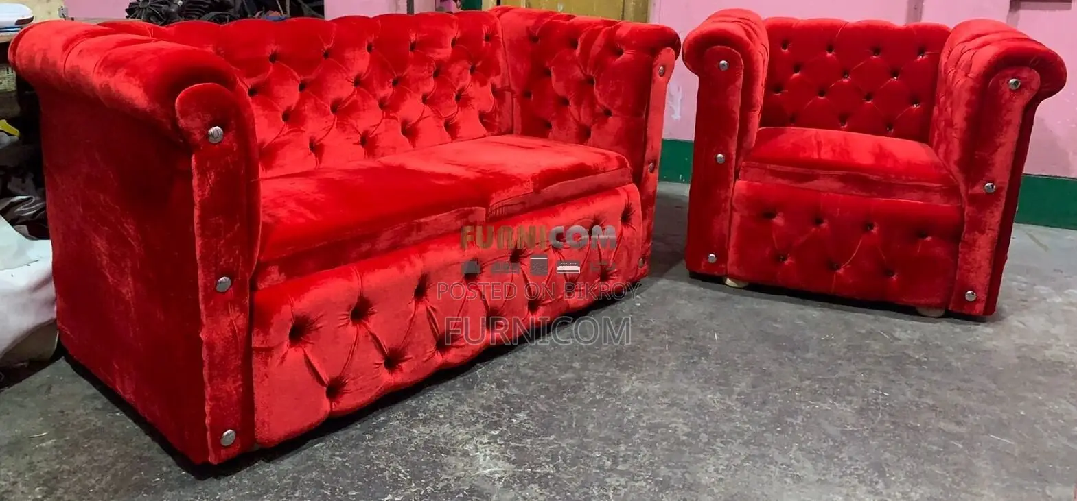 Velvet Button Tufted Classic Chesterfield Sofa Set Living Room Furnitu