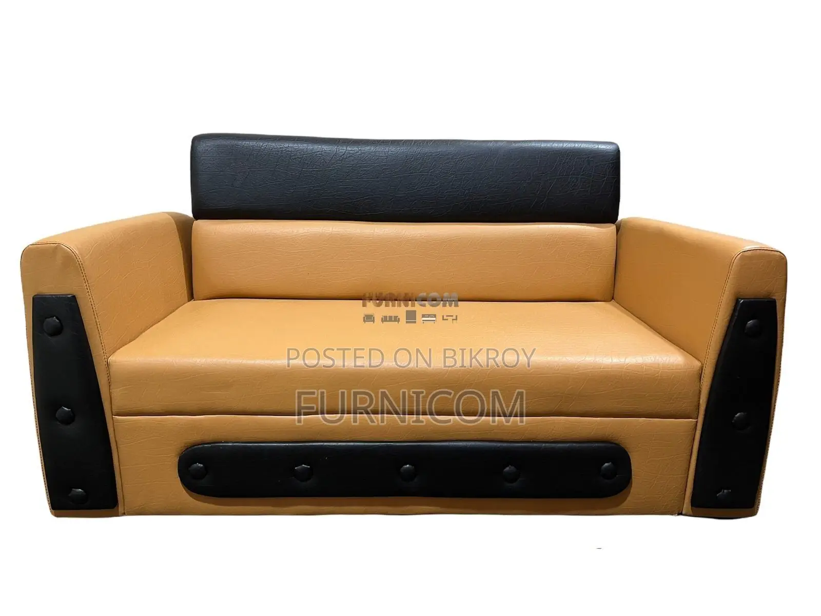 Living Room Sofa Set/ Faux Leather/ Mehogany Wood/ Orange Black