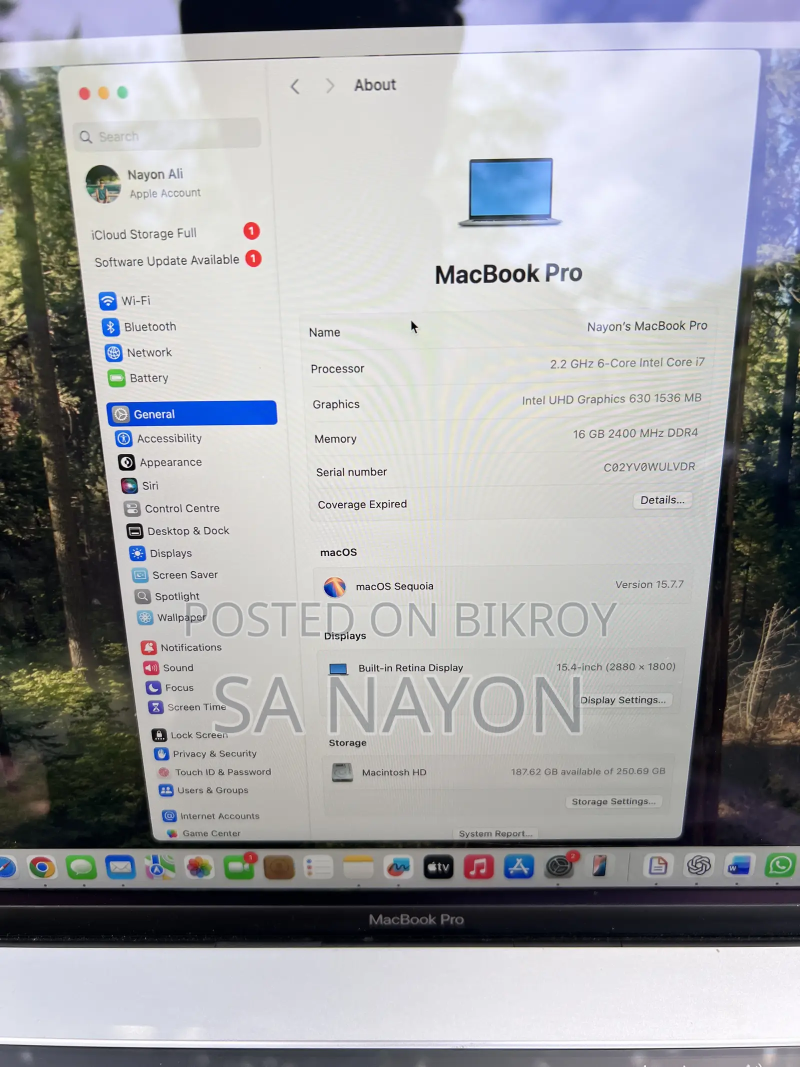 Laptop Apple MacBook 2019 16GB Intel Core I7 SSD 256GB