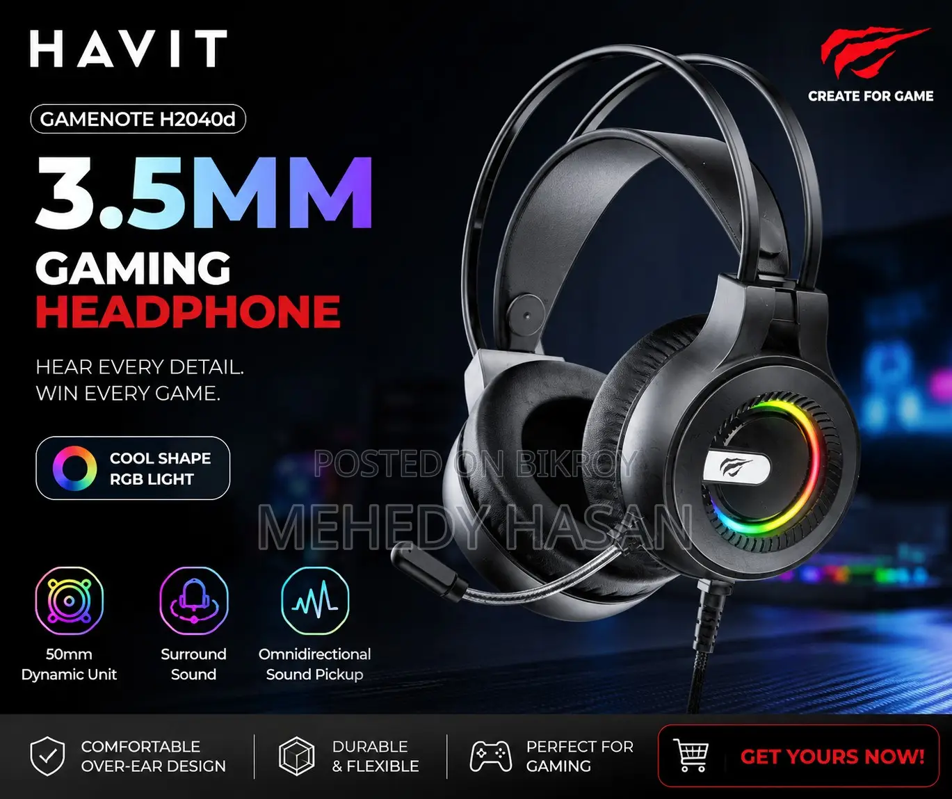 Havit Gamenote H2040d তারযুক্ত কালো RGB গেমিং হেডফোন