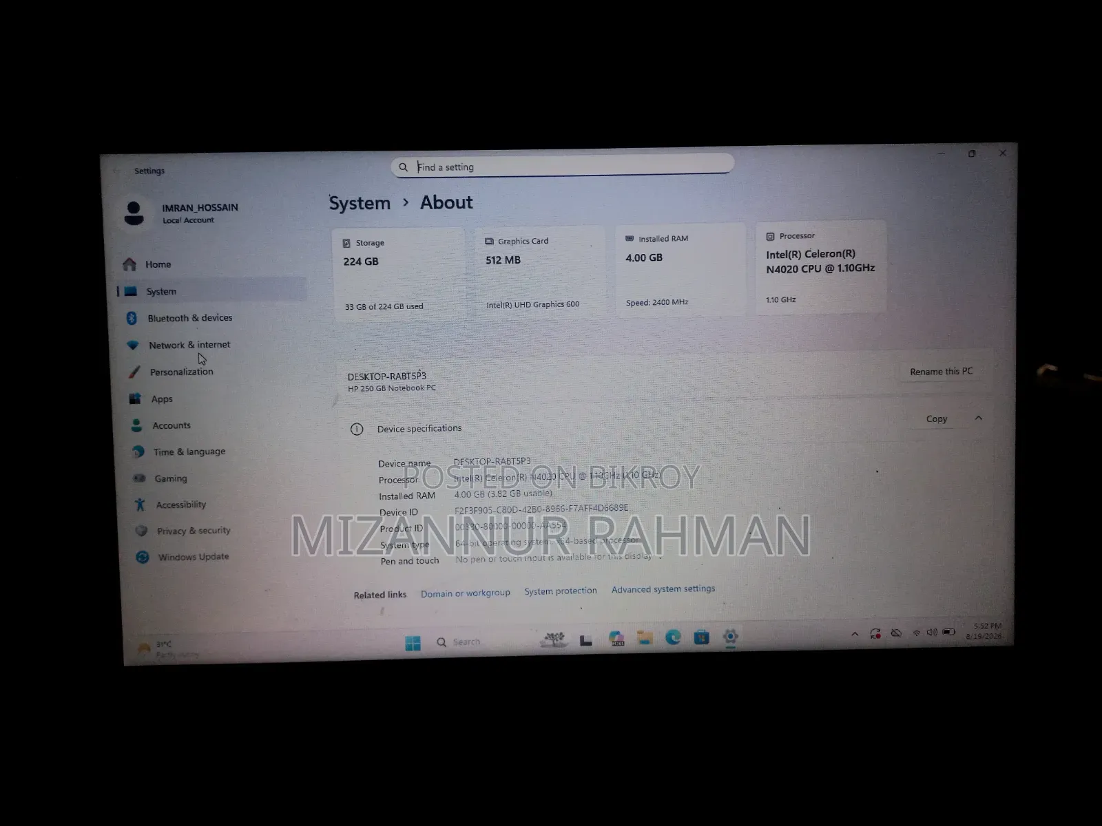 Laptop HP 250 G8 4GB Intel Celeron SSD 256GB
