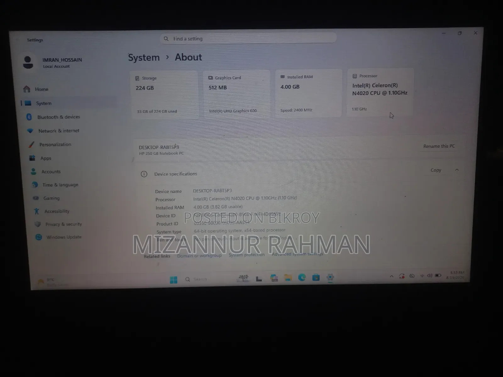 Laptop HP 250 G8 4GB Intel Celeron SSD 256GB