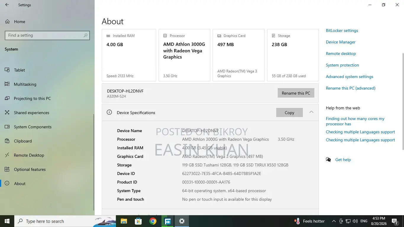 Desktop Computer 4GB AMD SSD 256GB
