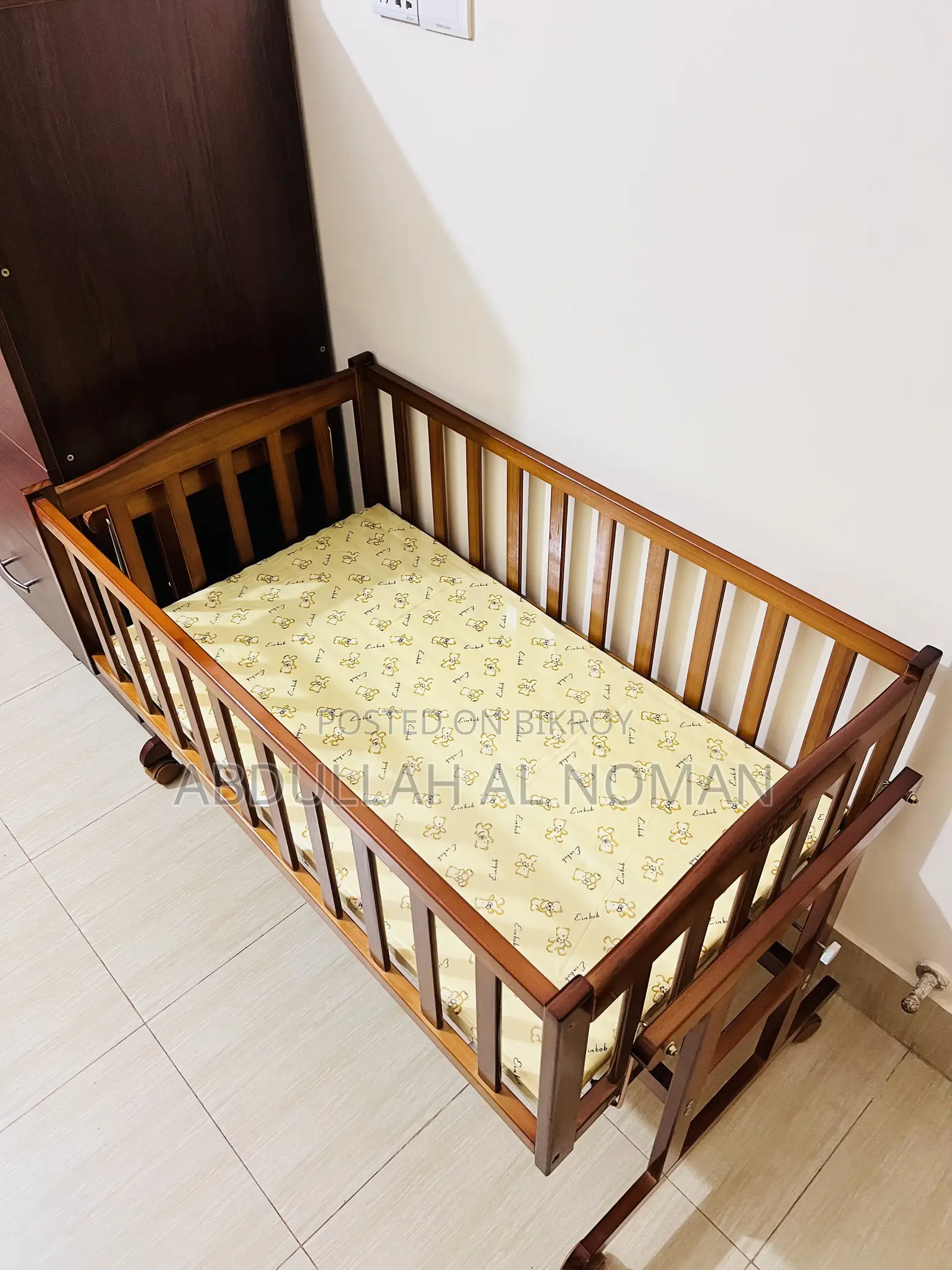 Baby Wooden Cot With Mosquito Net Wheel