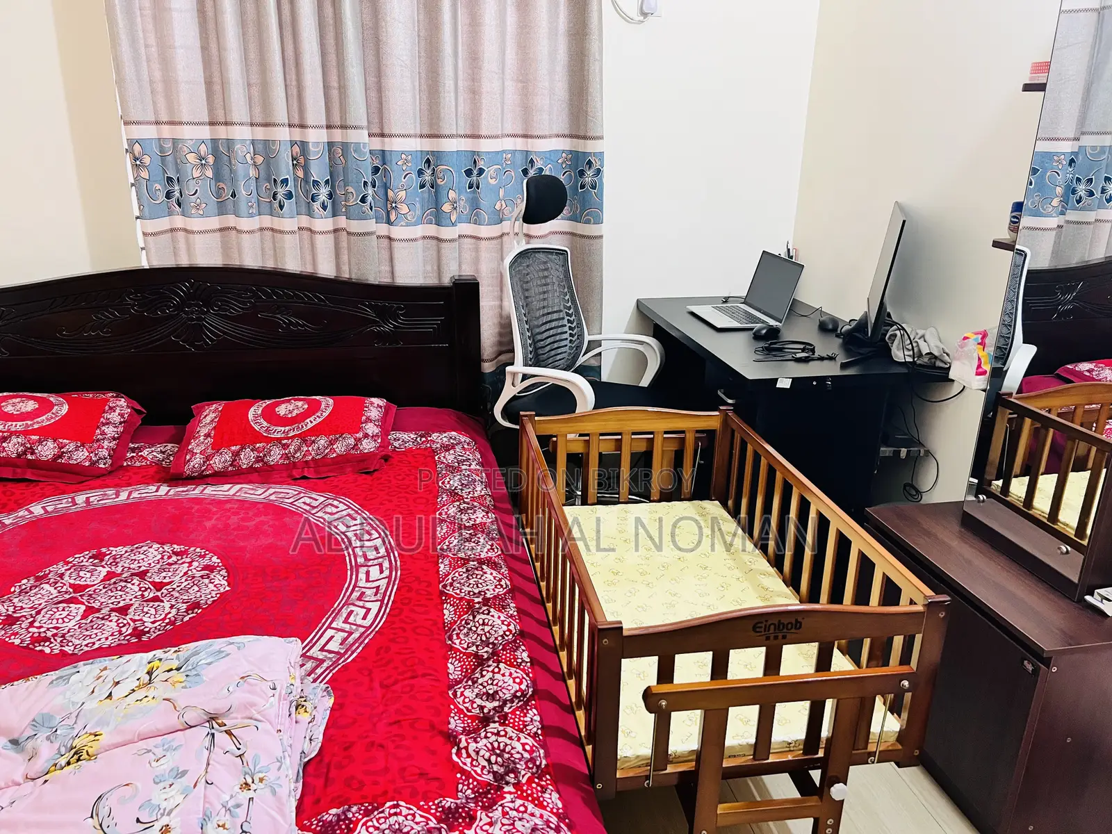 Baby Wooden Cot With Mosquito Net Wheel