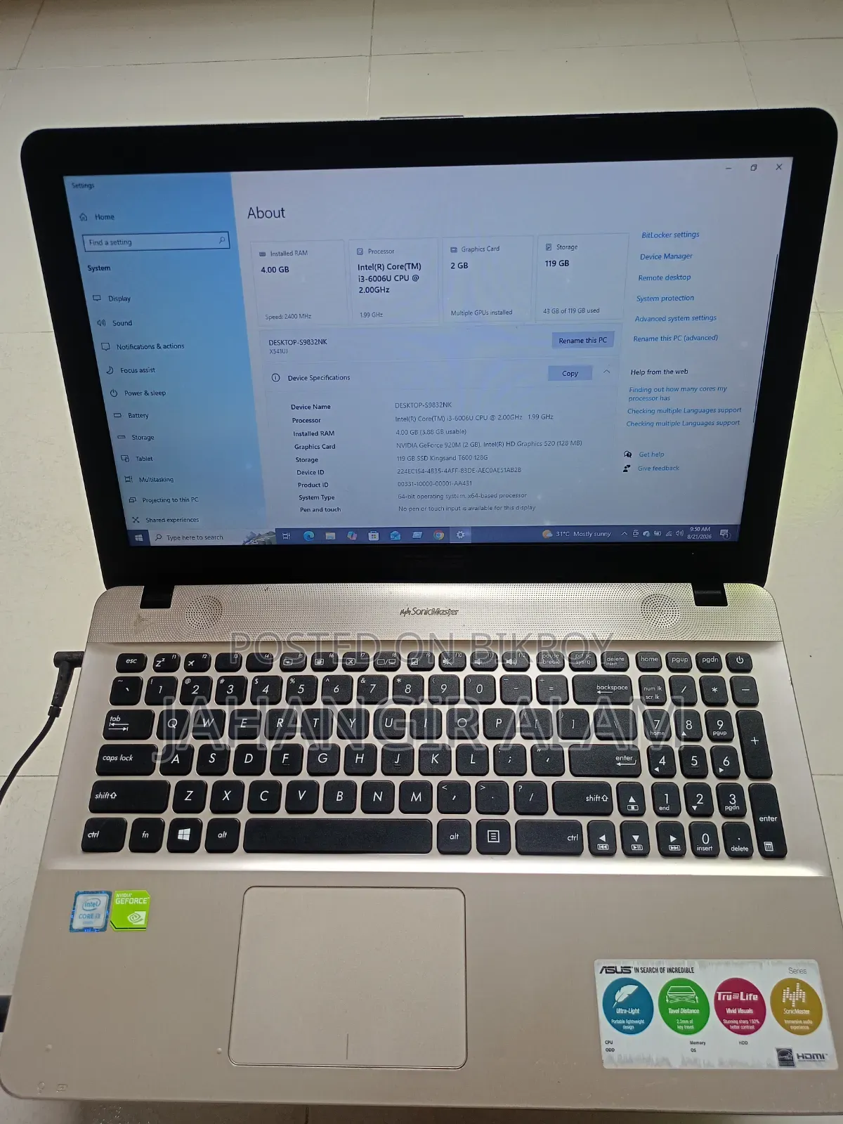 Laptop Asus VivoBook Max X541UA 4GB Intel Core i3 SSD 128GB