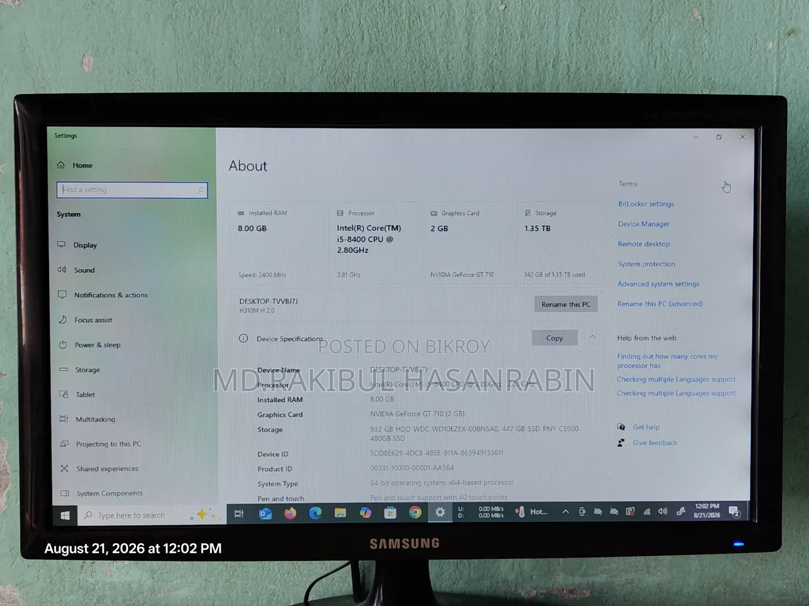 Desktop Computer 8GB Intel Core i5 HDD+SSD 1T