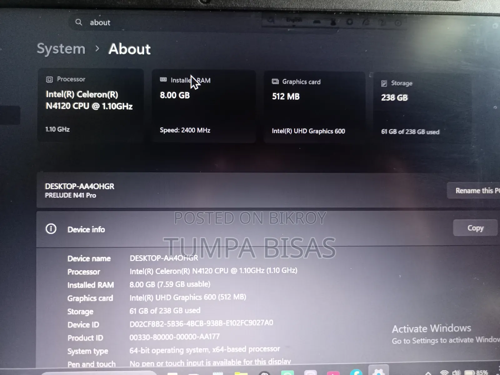 Laptop 8GB Intel Celeron HDD 256GB