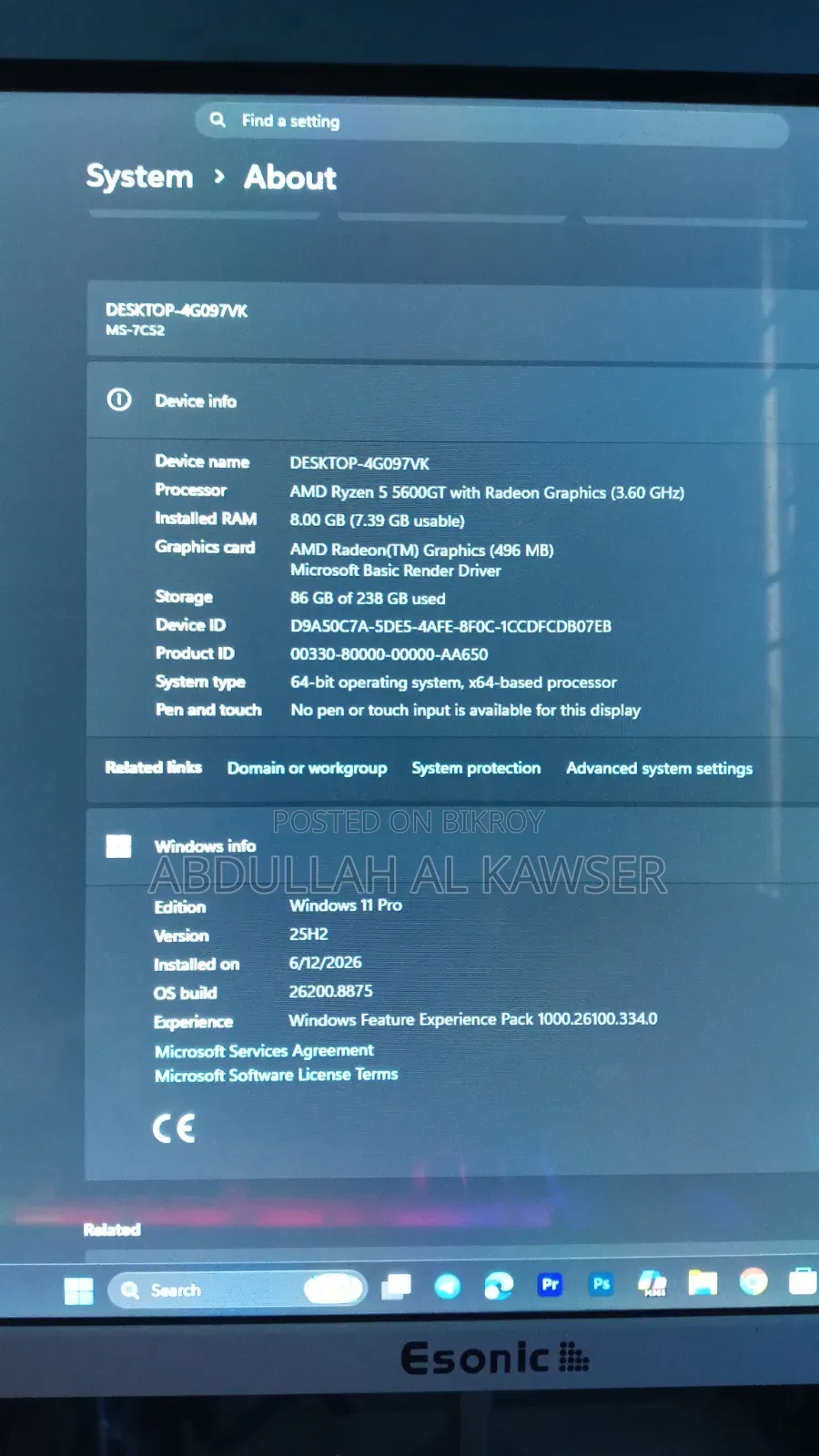 Desktop Computer MSI 8GB AMD Ryzen SSD 256GB
