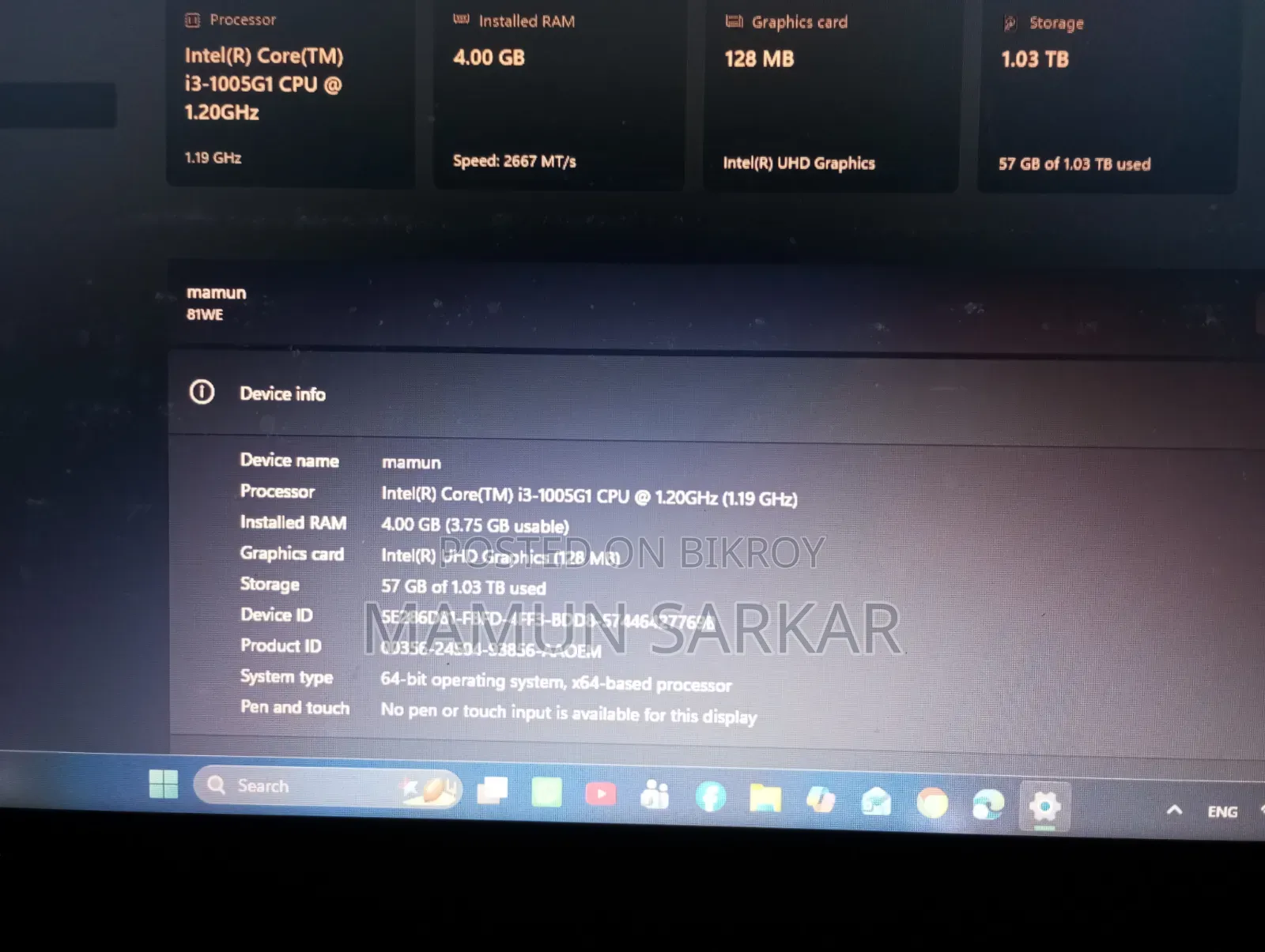 Laptop Lenovo Ideapad 3 4GB Intel Core I3 eMMC 128GB