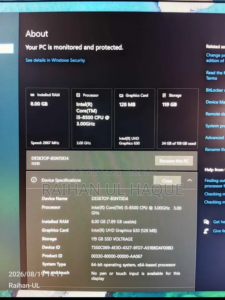Desktop Computer 8GB Intel Core i5 SSD 128GB
