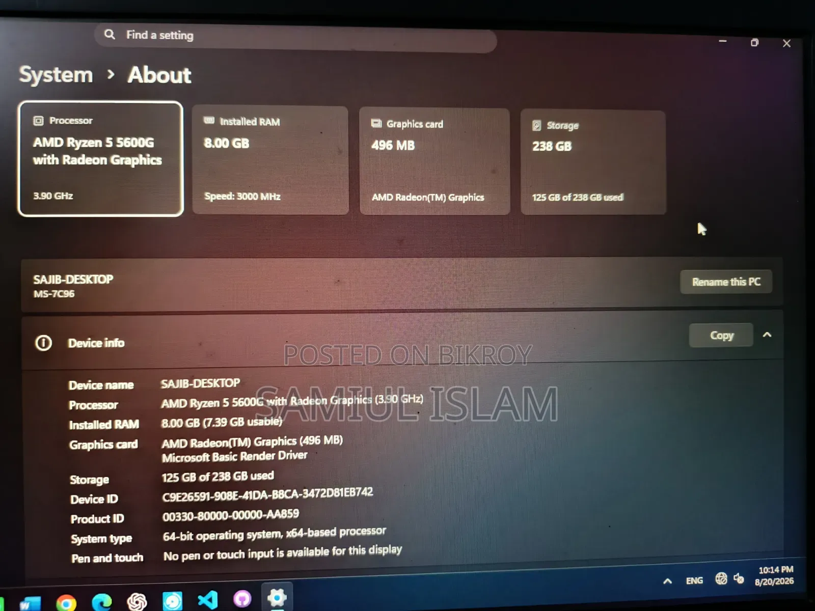 Desktop Computer MSI 8GB AMD Ryzen 5 SSD 256GB