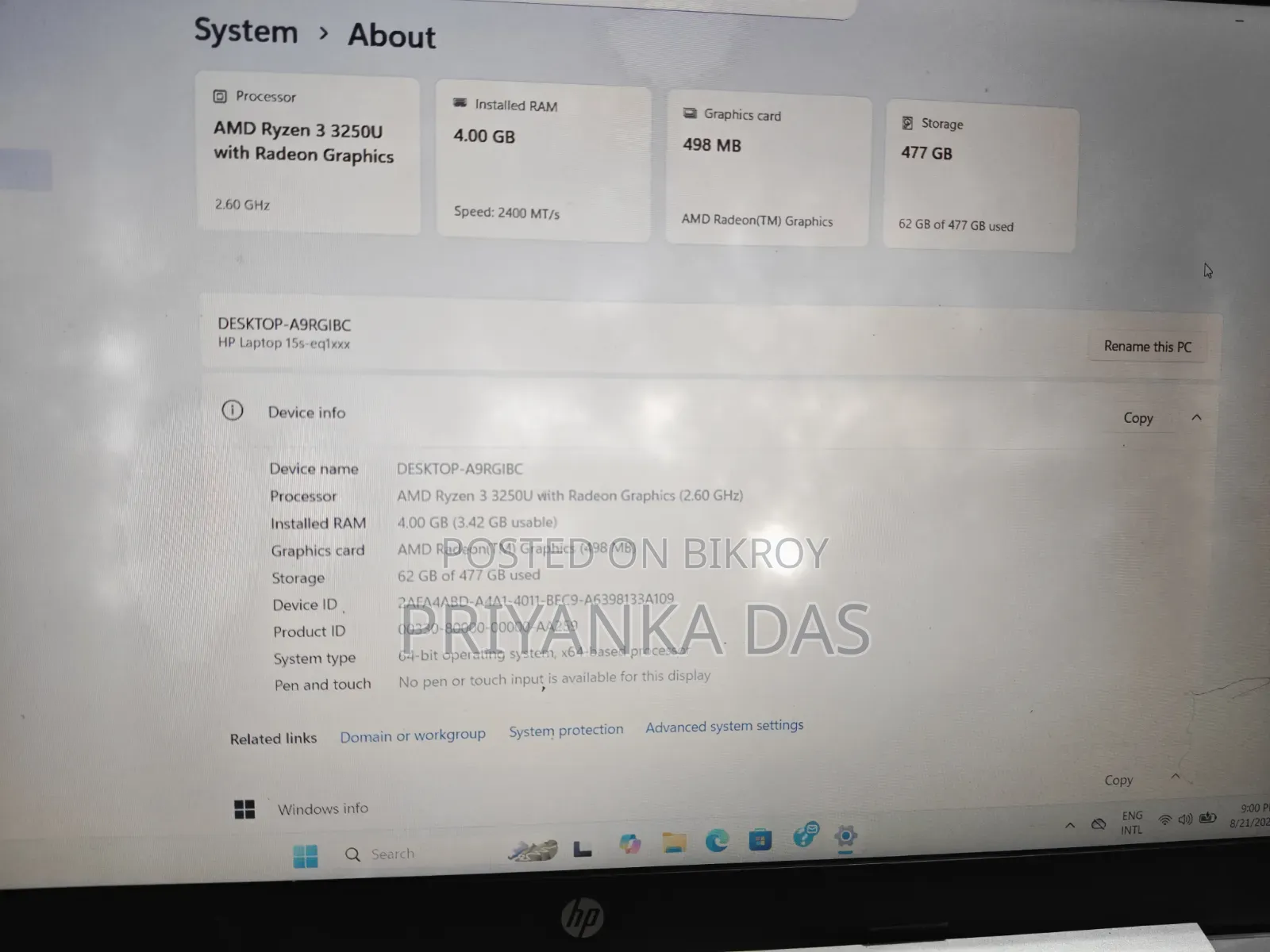 Laptop HP 15s 4GB AMD Ryzen 3 SSD 512GB
