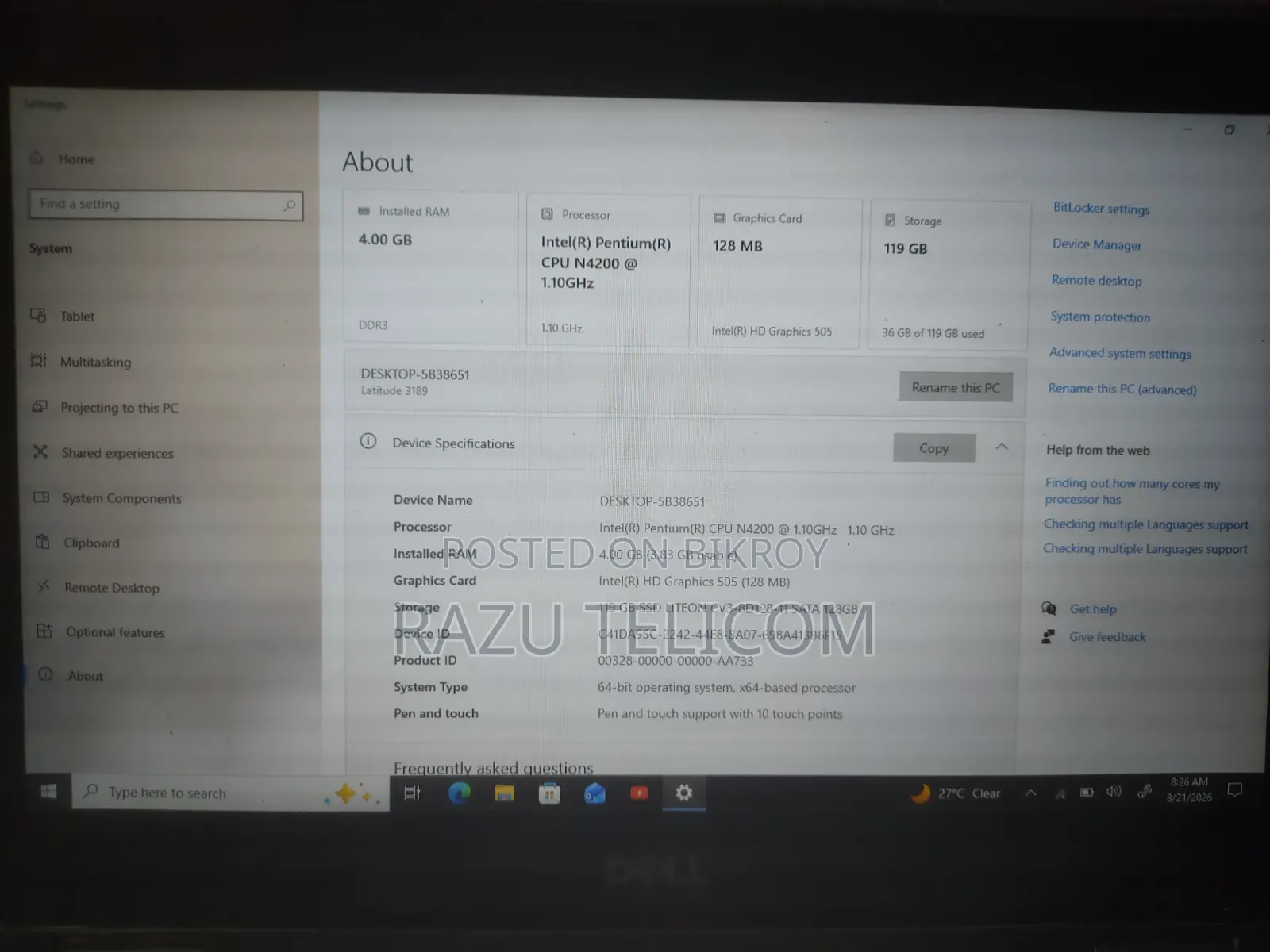 Laptop Dell 4GB Intel Celeron SSD 128GB