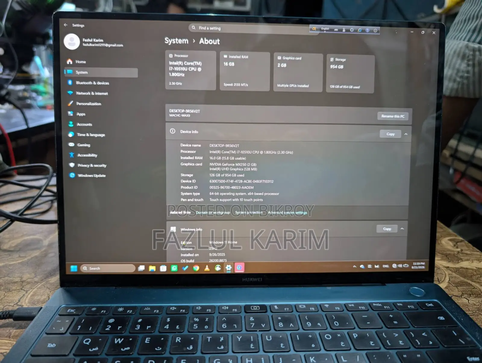 Laptop Huawei Matebook D 15 16GB Intel Core i7 SSD 1T