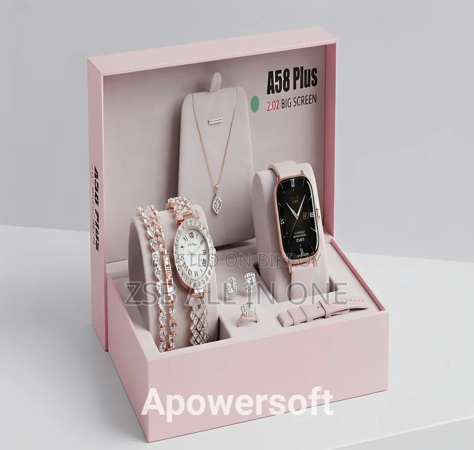 A58 Plus Smart Watch Luxury Jewelry Gift Combo Set for Women