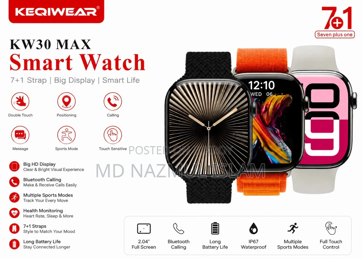 Keqiwear KW30 Max Smart Watch With 7 Pairs of Straps (7+1 Combo)