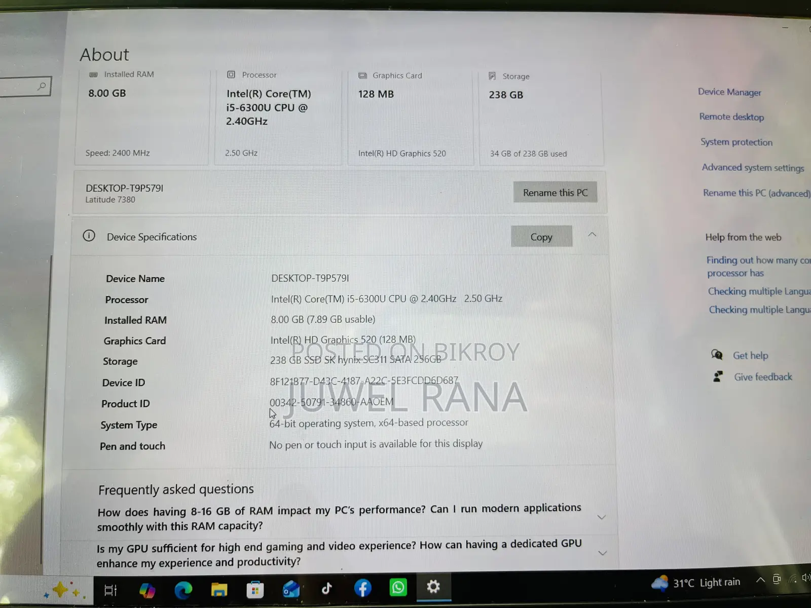 Laptop Dell Latitude 7380 8GB Intel Core I5 SSD 256GB