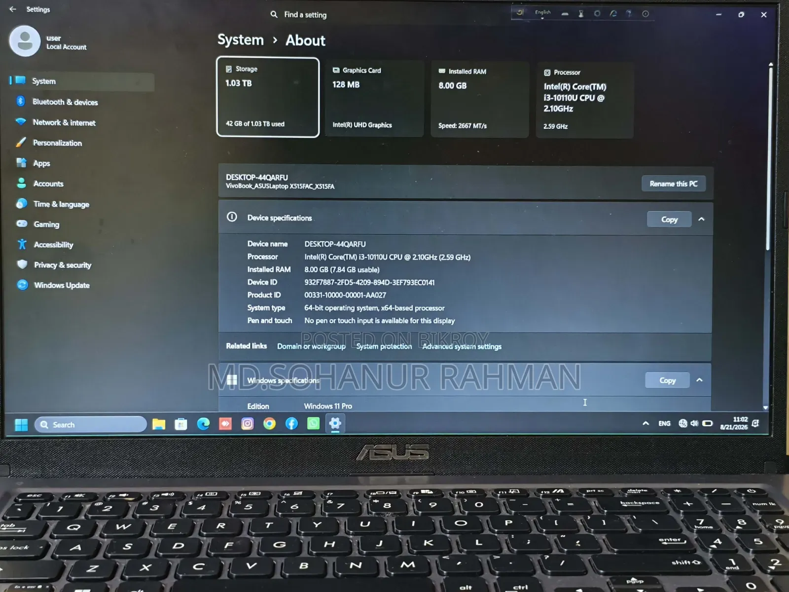ল্যাপটপ ASUS Vivobook 15 8GB Intel Core I3 SSD 1T