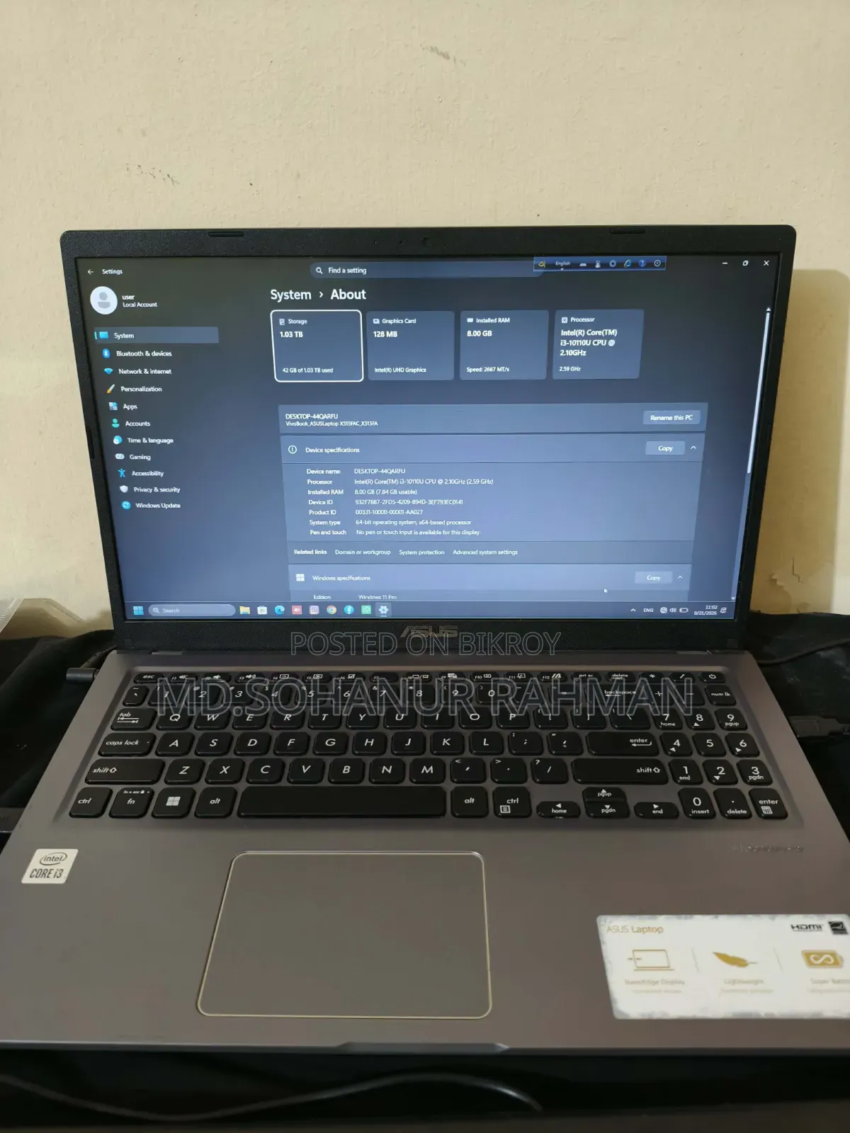 ল্যাপটপ ASUS Vivobook 15 8GB Intel Core I3 SSD 1T
